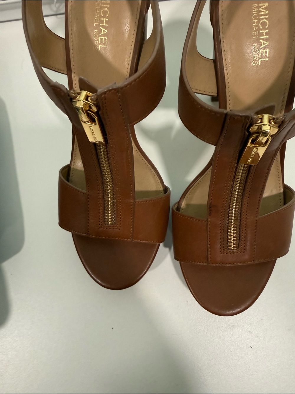 Michael Kors Brown Leather Zip-Front Block Heel Sandals - Picture 2 of 6